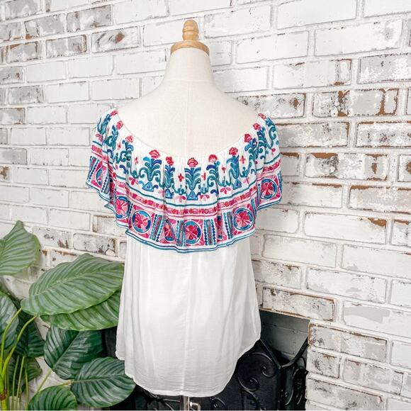 K. Jordan Bright Pink & Blue Embroidered Floral Off Shoulder Tassel Boho Top M - Picture 9 of 10